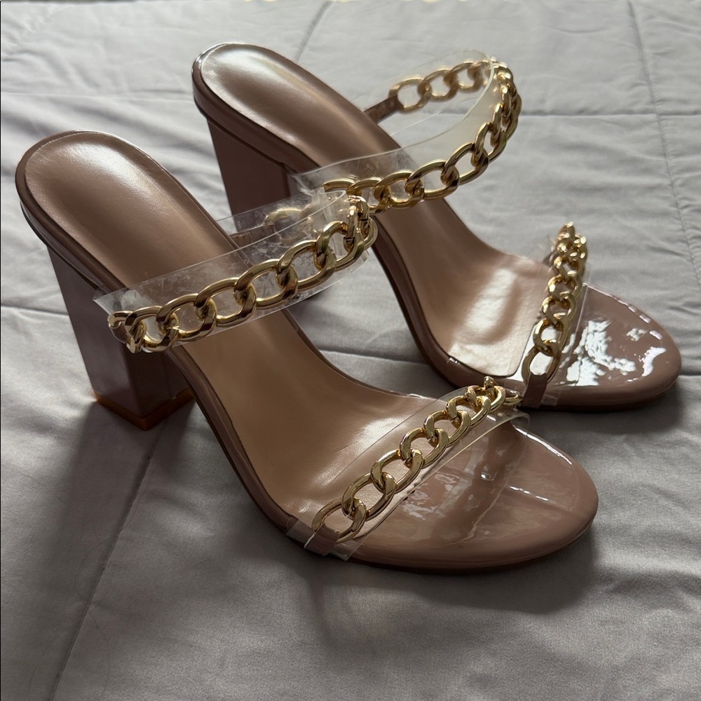 Women’s Nude Patent Block Heel Sandals with Gold Chain Detail